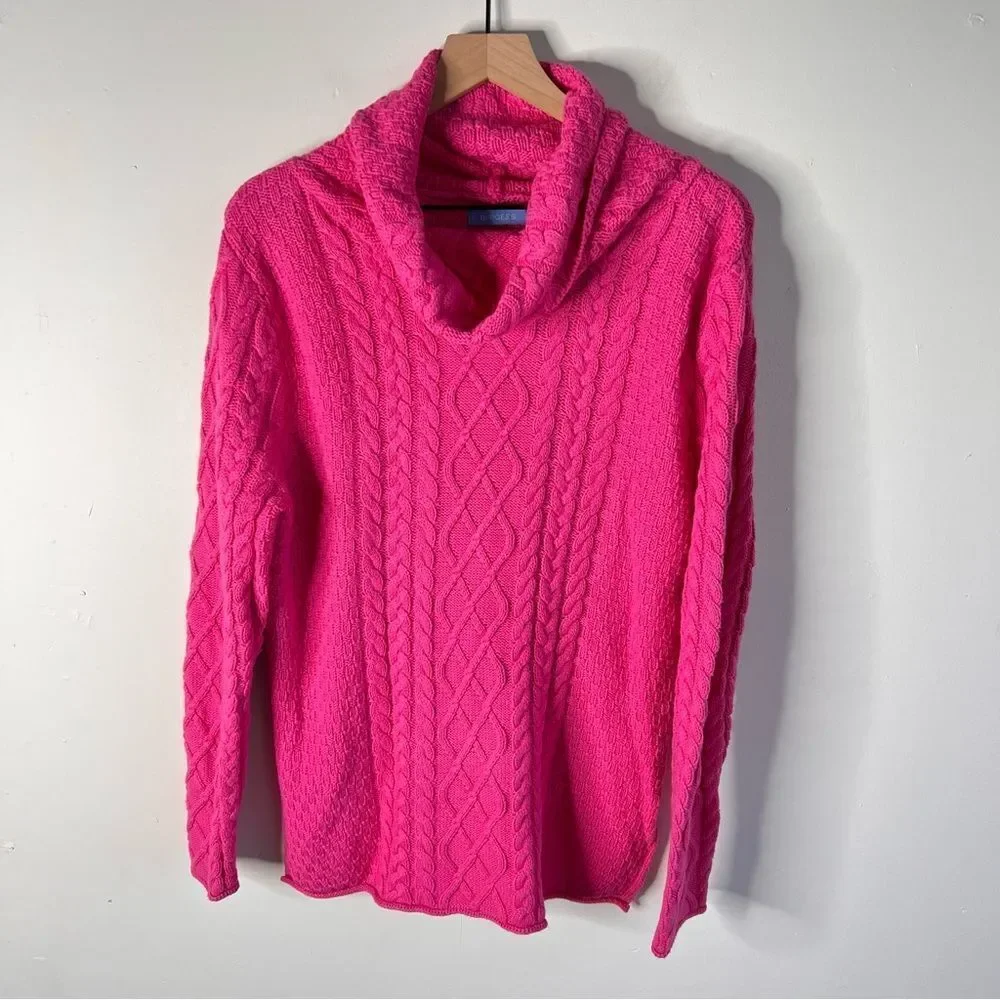 Burgess Cotton Cashmere blend Bright Pink Cable Knit TurtleNeck Sweater Medium